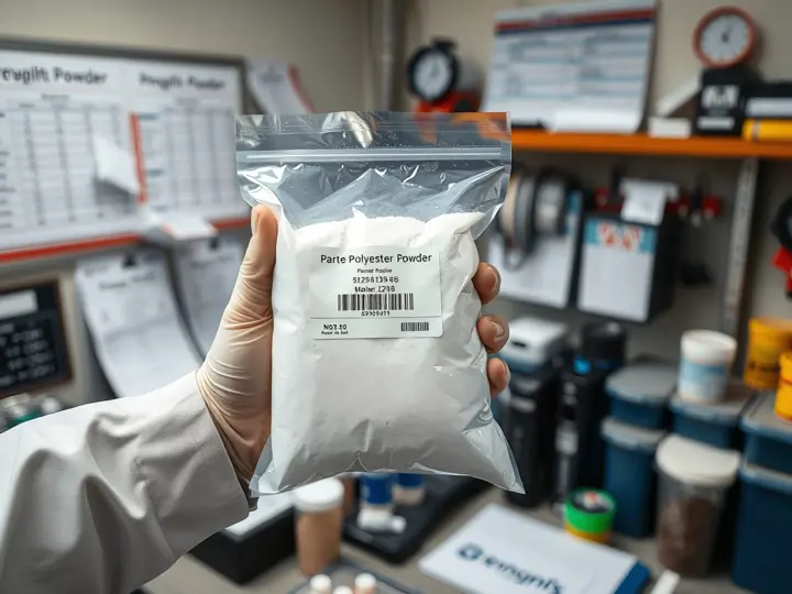 技术人员手持树脂样品袋，背景为质检台和检测报告