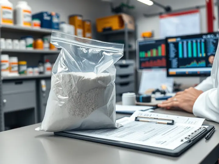 技术人员手持聚酯树脂样品袋,旁边放有COA报告和记录板