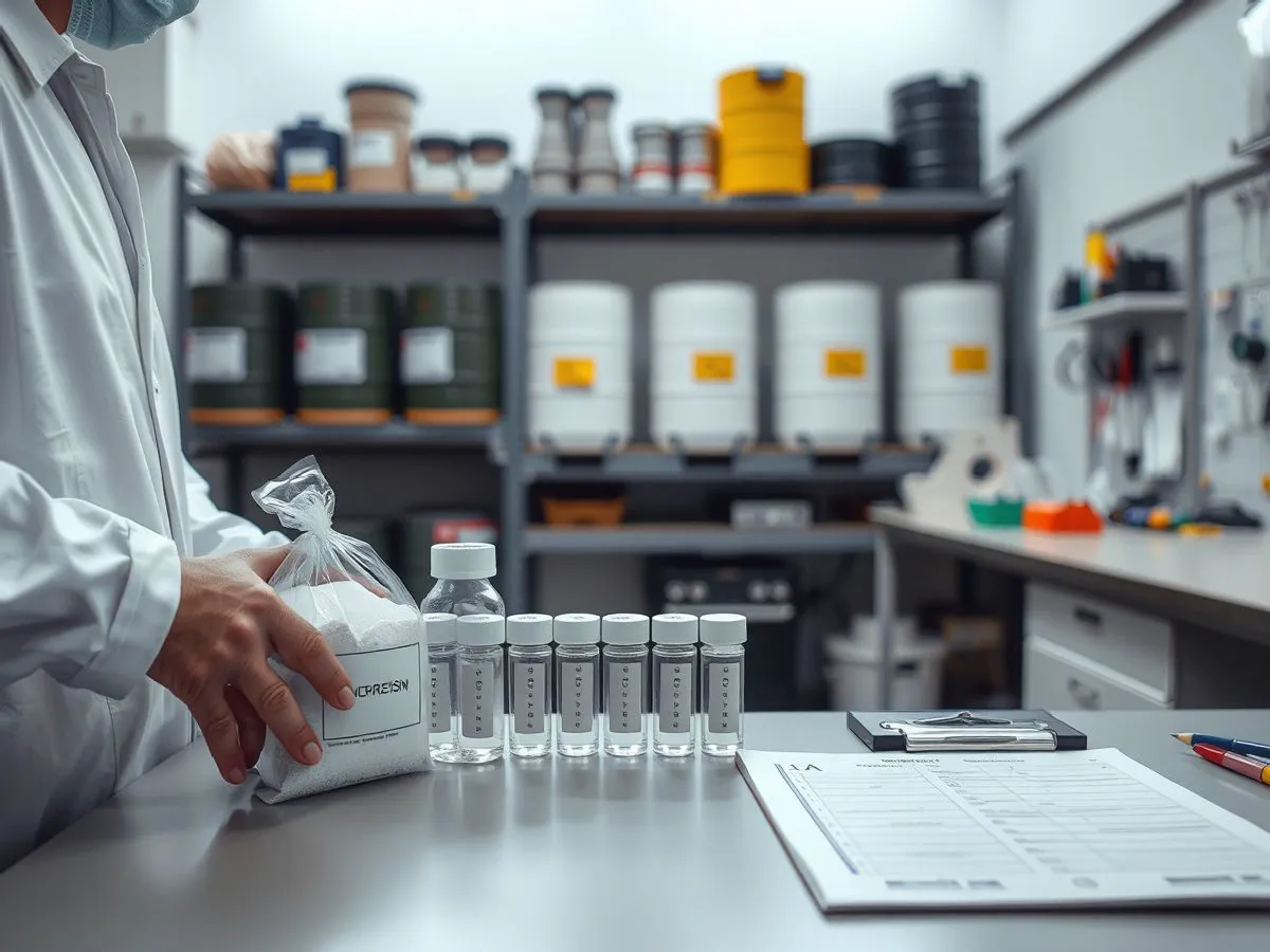 技术人员手持聚酯树脂样品袋，旁边有样品瓶和检测记录，背景为实验室或仓库环境