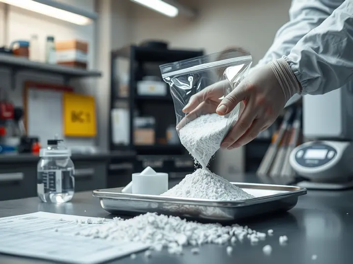 技术人员正在检查聚酯树脂粉末样品。