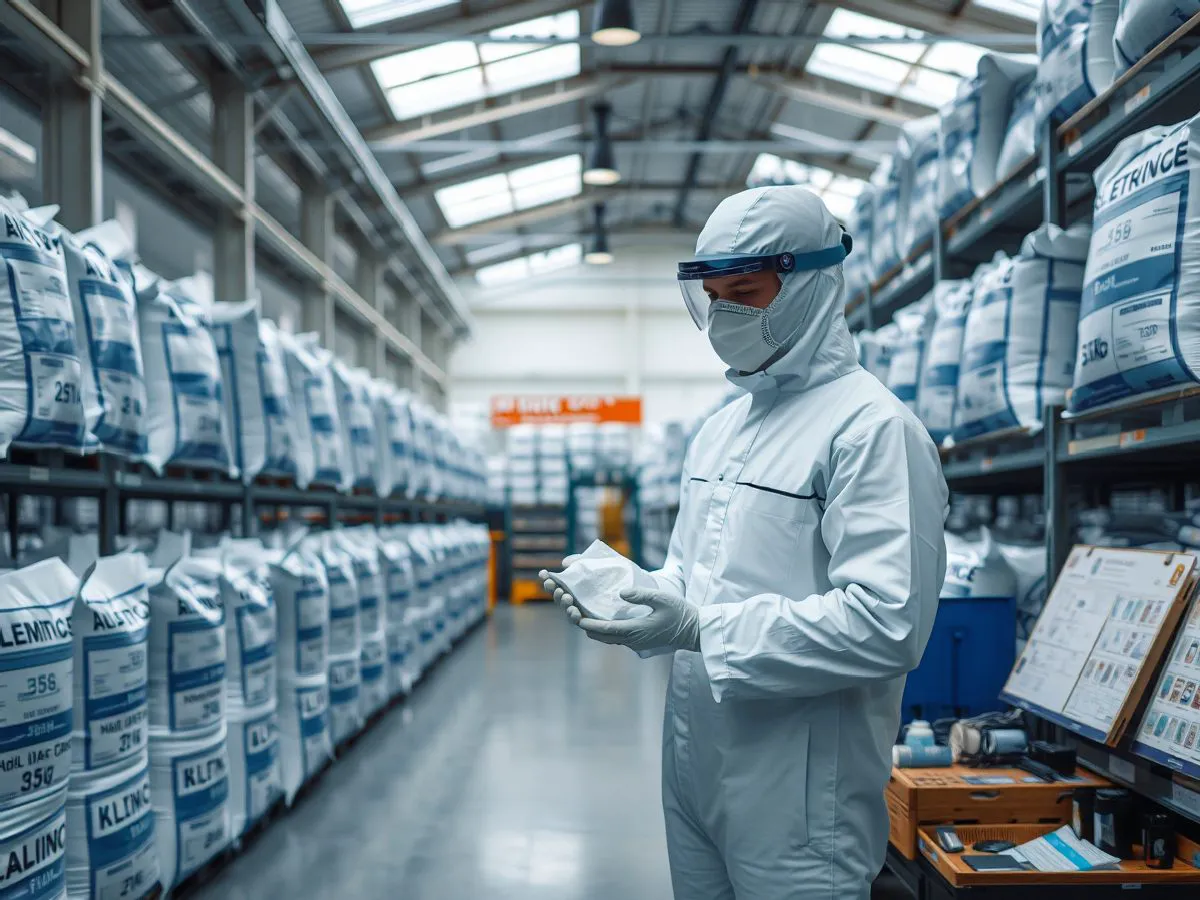 天音化工仓库中整齐堆放的聚酯树脂包装袋，技术人员手持样品检查